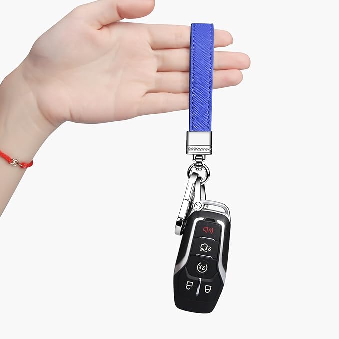 QBUC Genuine Leather Car Keychain,Universal Heavy Duty Metal Key Chain Accessories,Car Fob Key Keychain Holder with 360 Degree Rotatable Snap Swivel and Anti-Lost D-Ring for Men Women(Dark Blue)
