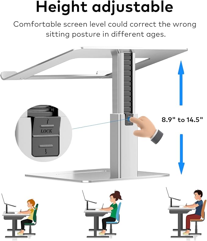 Laptop Stand for Desk, Ergonomic Aluminum Laptop Stand Adjustable Height from 7-15", Sitting and Standing Laptop Riser for 10-17" Notebook