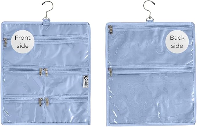 On-The-Go Organizer,7 Clear Vinyl Pockets, Hanging Travel Case for Makeup and Accessories, 13.5 x 16 inches (Hydrangea Blue, Small)