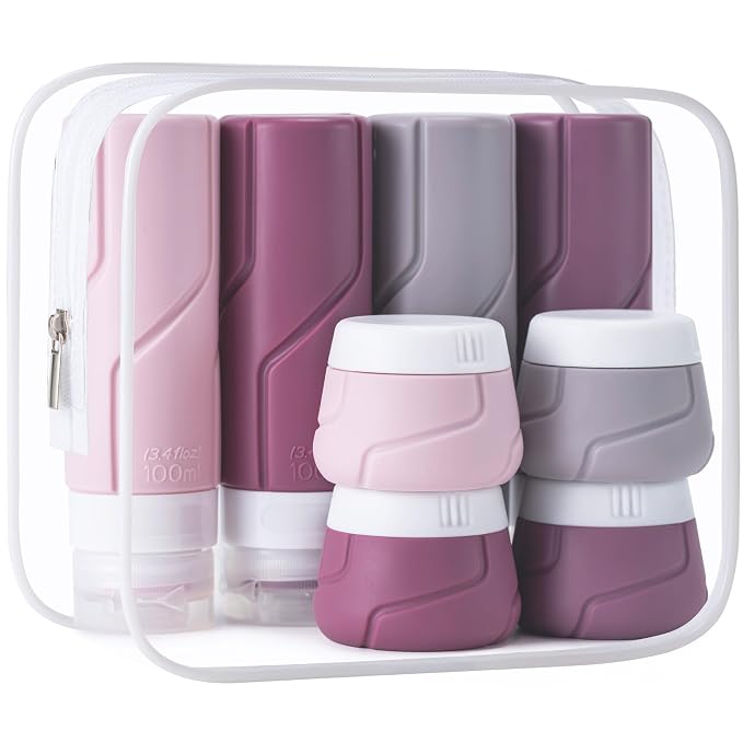 Travel Bottles for Toiletries 15 Pack, TSA Approved Travel Size Containers 3oz, LeakProof Silicone Squeezable Creams Jars, Refillable Toiletry Bottles for Shampoo, Conditioner (Cranberry)