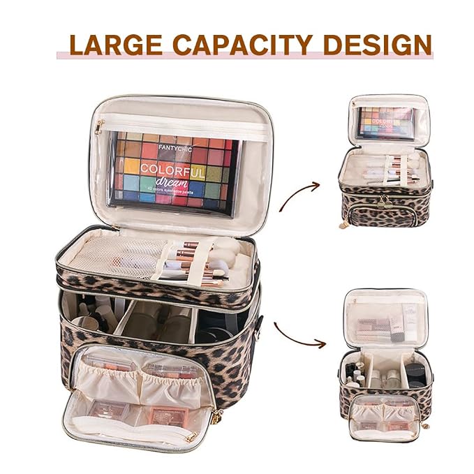 FITINI Double Layer Travel Makeup Bag,Women Cosmetic Organizer Case,Skin Care Essentials Toiletries Bags with Shoulder Strap Waterproof Brush Storage with Removable Dividers,Extra Large Brown Leopard