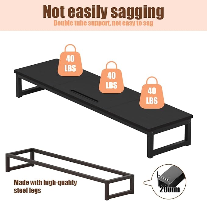 Dual Monitor Stand Riser, 38.7'' Long Wood and Steel Monitor Stand for 2 Monitors, Ergonomic Desktop Organizer with Tablet Stand for Computer,Laptop,TV (Black)