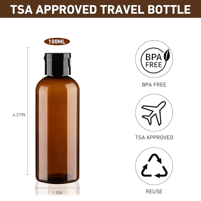10 Pack 3.4 oz Travel Bottles for Toiletries TSA Approved Leak Proof Travel Size Containers Plastic Empty Shampoo Bottles with Labels Squeeze Bottle Toiletry(Brown)