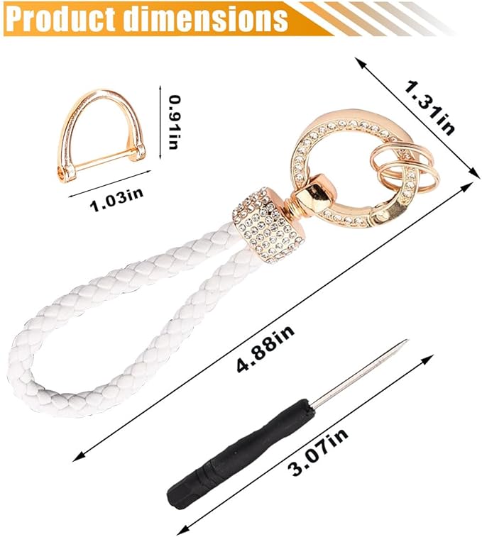 Leather Car Keychain with Bling Rhinestones, Snap Swivel Key Ring, Key Tag Car Key Fob Holder, Key Organizer for Men Women, Anti-Lost D-Ring (White)
