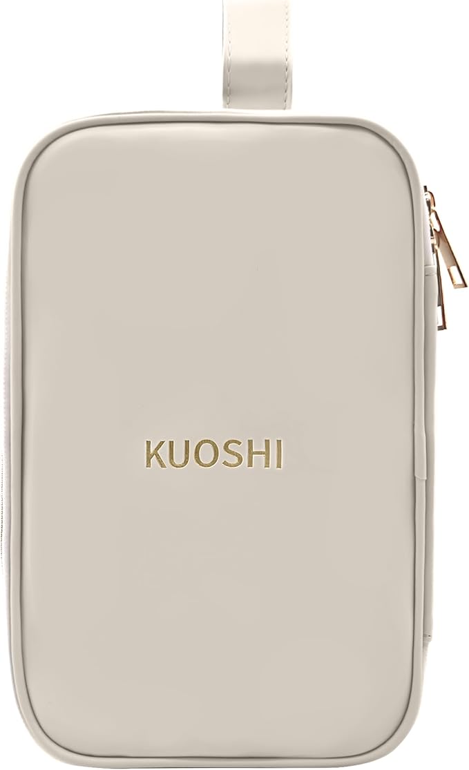 Travel Makeup Bag for Women, Large Capacity Waterproof Cosmetic Organizer with Divider & Handle, Portable Open Flat Toiletry Pouch for Travel Accessories (White)
