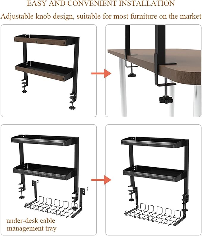 Clamp-On Desktop Organizer Shelf, Adjustable Clip-on Tabletop Storage Tray for Office Desk, Clamp-on Above or Under Desktop Storage Shelf, Save Space