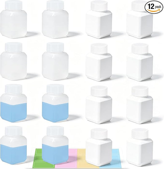 DEMORA 1oz Small Square Plastic Travel Bottles, Reusable Leak Proof Liquid Containers with Caps and Stickers for Pill, Water, Juice（6 Translucent & 6 White, 12 Pcs）