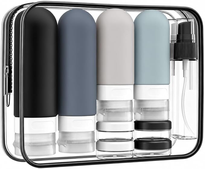 17 Pack Travel Bottles for Toiletries, TSA Approved Leak Proof Silicone Travel Containers for Toiletries with Label-Black+DarkBlue+ DarkGreen+Khaki