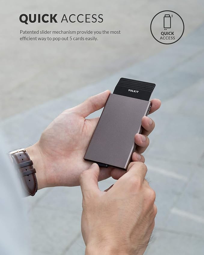 VULKIT Pop Up Wallet, Slim Minimalist Credit Card Holder For Men and Women RFID Blocking Mini Metal Case Nickel Grey