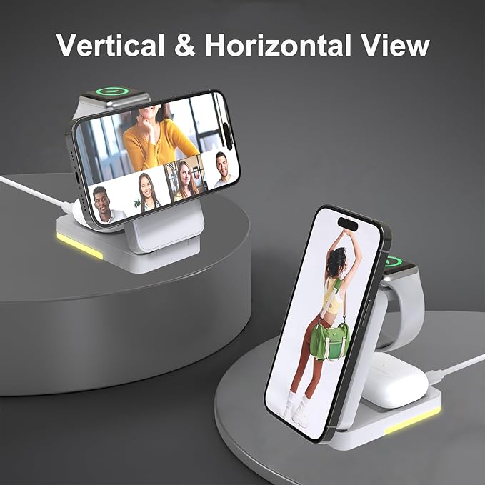 3-in-1 Travel Magnetic Charging Station for iPhone 17/17 Pro/17 Pro Max/Air/16 15 14 13 12 Pro Max Plus mini/Apple Watch/Airpods, Foldable Portable Wireless Charger Stand with Night Light-White