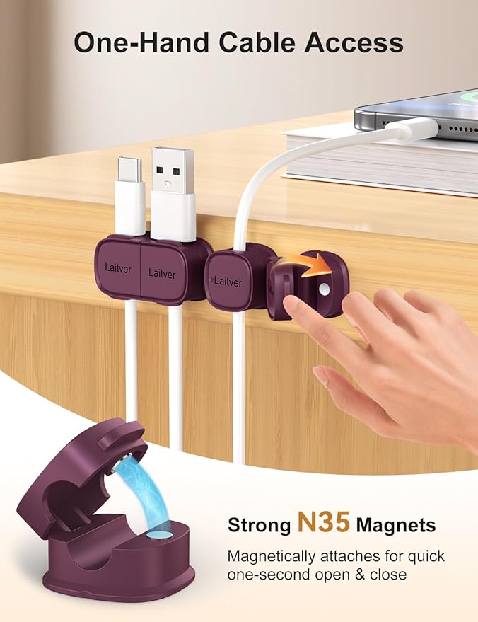 6 Pack Magnetic Cable Clips [1s Open/Lock], Laitver Cord Organizer Holder Strong Adhesive Desk Cable Management- Organize Charging Cords Neatly for Home, Office, Car,Desk, Nightstand-Dark Purple