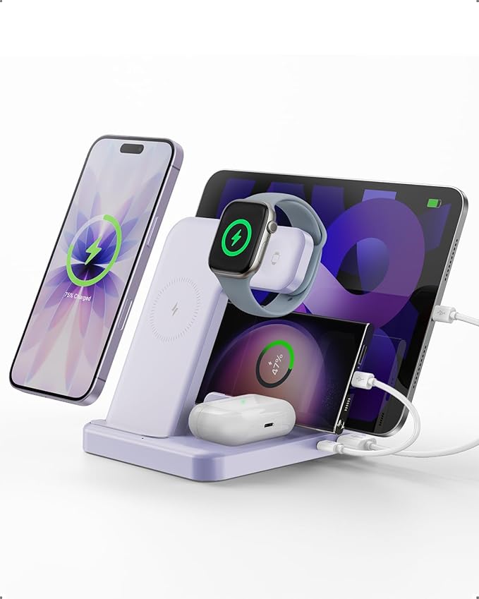 Multiple Devices Charging Station, 5-in-1 Charging Station for iPhone 17 Pro Max/Pro/Plus/16/15/14/13/12, iPad Pro/Air/Mini, Apple Watch and Airpods,Wireless Charging Dock(G805) (Lavender)