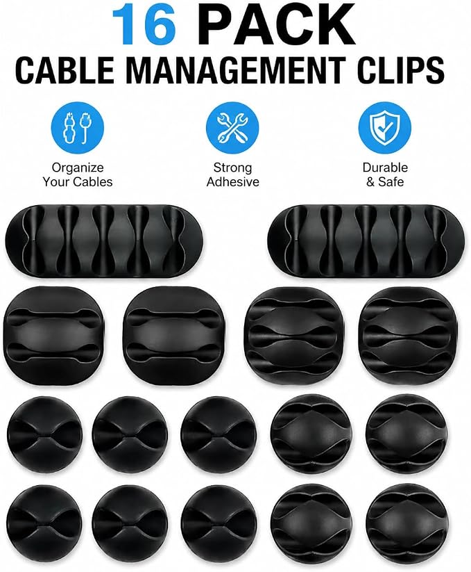 16-Pack Black Adhesive Cable Clips - Cord Organizer for Desk Wall Car, Strong Sticky Wire Management Holders for iPhone Charger USB Computer Cables, Tidy Cord Keeper with Removable Backing