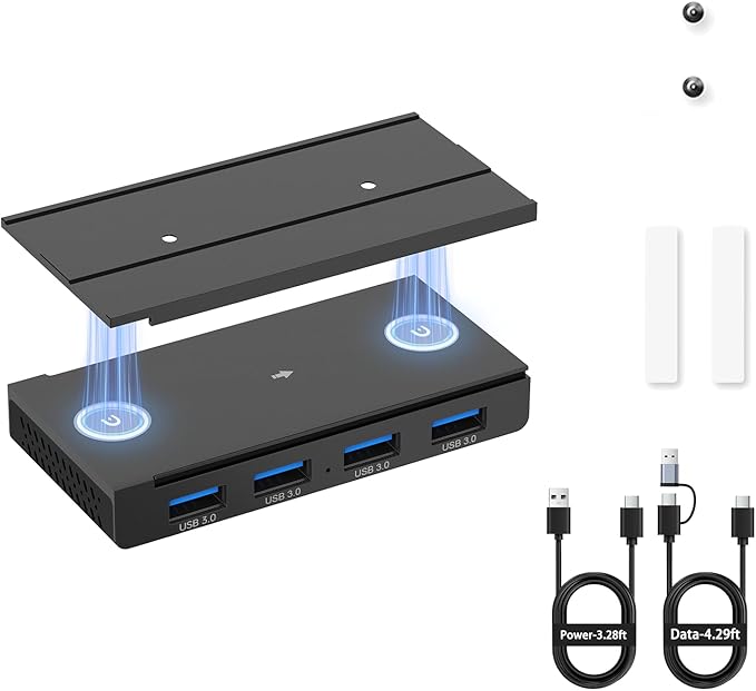 EJAY 4-Port Magnetic USB 3.0 Hub with 5Gbps Speed, Aluminum USB Adapter for MacBook/Laptop/Desktop, Industrial-Strength Magnetic Mount, 3-Way Installation, 59"+39" Cables, Black