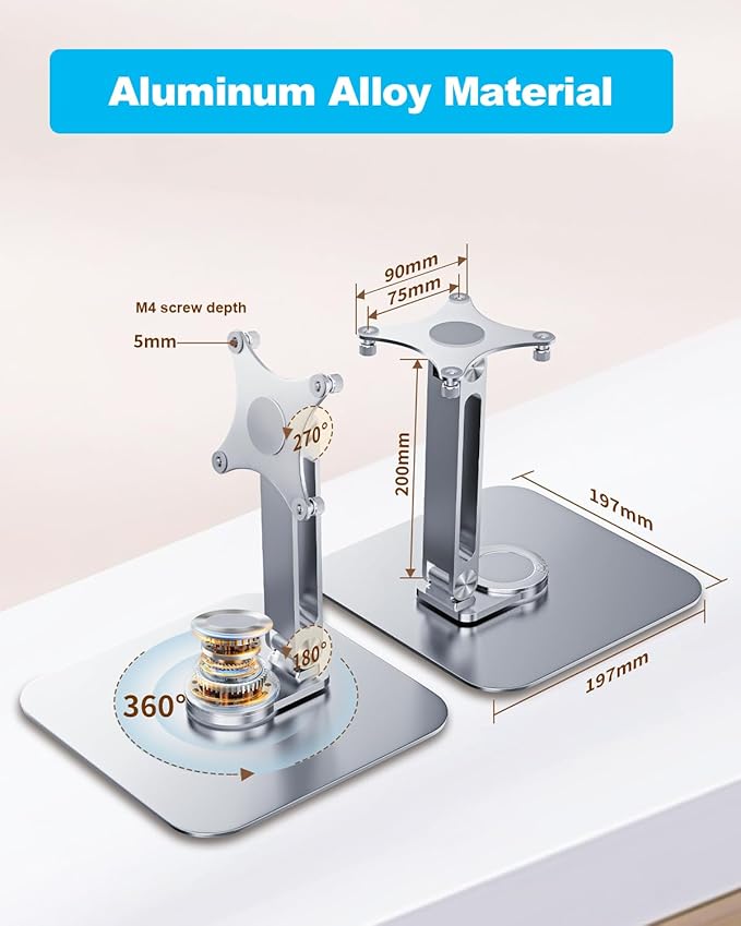 75x75mm VESA Monitor Mount Stand, M4 Anti-Loss Screws, Aluminum Alloy Base, Fits 7"-18" Small Portable Monitors, Silver Foldable Lay Flat Monitor Stand (Not Fit 100x100mm Vesa)