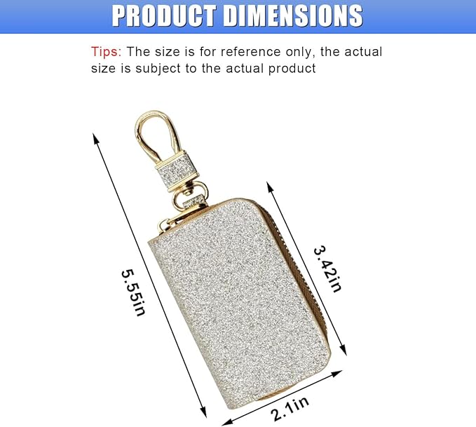 Bling Car Key Case, Leather Keyring Zipper Bag with Metal Hook, Remote Key Fob Cover, Auto Keychain Holder (Silver Gold)