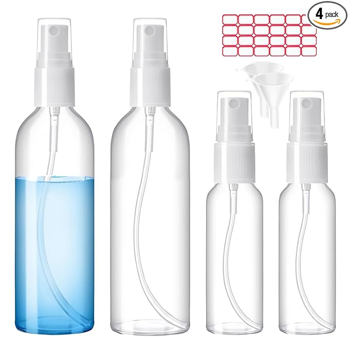 Zoizocp Spray Bottles, 2oz/50ml, 3.4oz/100ml Clear Empty Fine Mist Plastic Mini Travel Bottle Set, Small Refillable Liquid Containers with 2pcs Funnels and 24pcs Labels (4 Pack)
