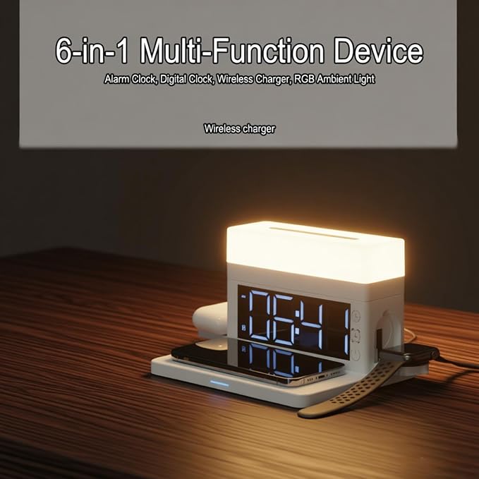 AYI Multifunctional Wireless Charging Station with Alarm Clock, 15W Fast Charger for Phones Watches Earbuds Qi-Certified, Stand with 7 RGB Night Light Modes - N65 White.