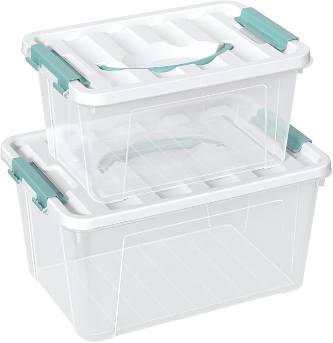 2-packs Latch Storage Boxes with Handle, 7 Quart & 14 Quart Clear plastic Container Tote