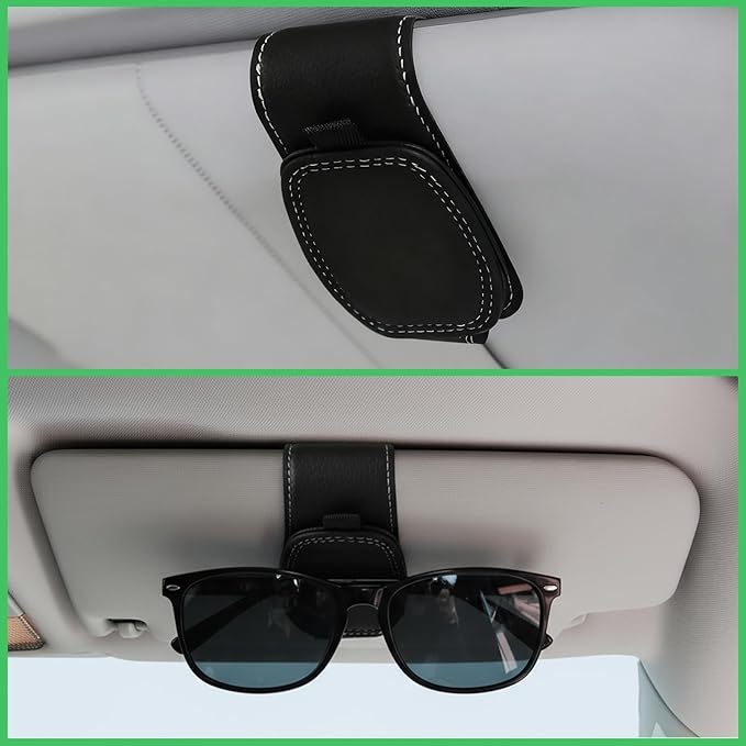 CJSD Sunglass Holder for Car, Premium Leather Sun Visor Clip Mount, Universal Fit Magnetic Clips, Interior Car Accessories- 2 Pack