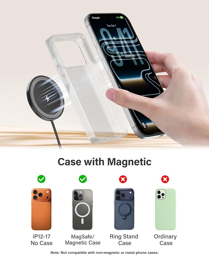 6FT Magnetic Wireless Charger Charging Pad - 15W Fast Phone Charger Puck for Apple iPhone 17 16 15 14 13 12 Series & AirPods 4 3 2 Pro, Phone Charging Pad with Plug for Desk & Travel, 2Pack Black