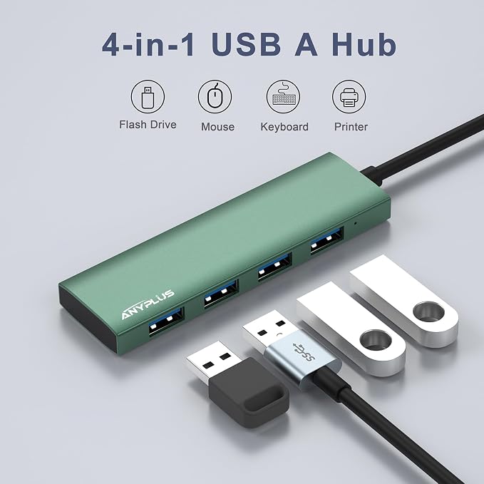 USB Hub, USB 3.0 Hub Aluminum Alloy Ultra Slim USB Splitter, Portable 4 Port USB Extender, USB Hub for Laptop, PC, MacBook, iMac, Surface Pro, Mac Pro, Flash Drive, XPS 【Green】