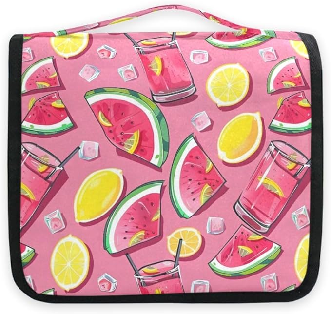 Hanging Travel Toiletry Bag Kit Boys Makeup Case Cosmetics Organizer for Men Women (Watermelon Slices Pink Lemonade)