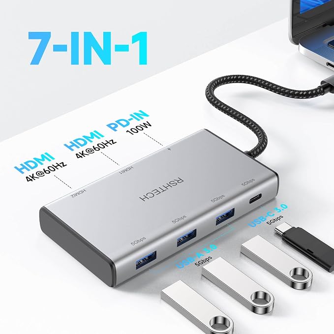 RSHTECH 7-in-1 USB C Hub Multiport Adapter with 2x4K@60Hz HDMI, USB-3.0 Data Ports(3A+1C), 100W PD, Aluminum USB-C Docking Station Dual Monitor for Laptops and MacBook