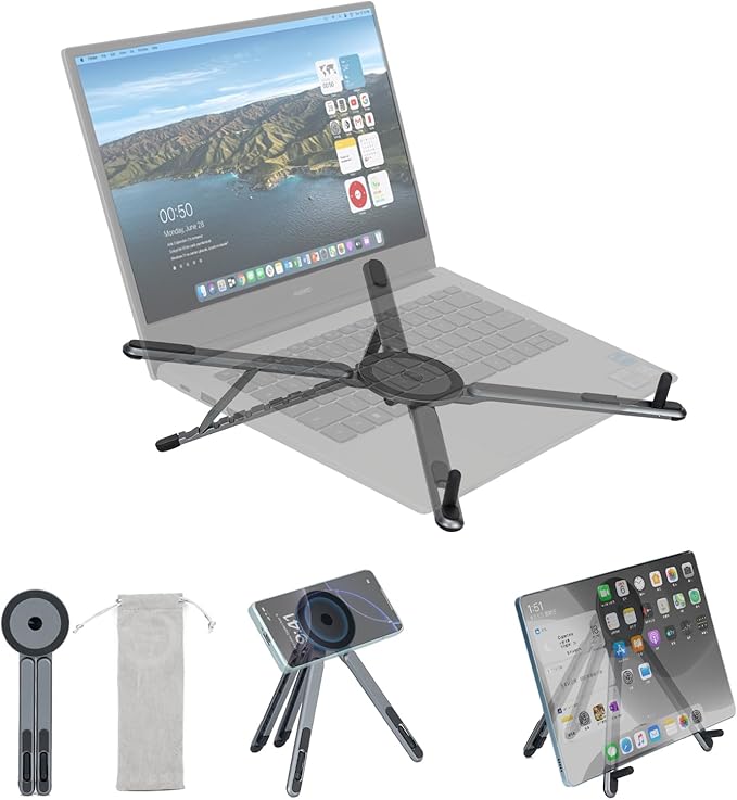 koolehaoda Portable Laptop Stand for Desk & Travel, CNC Aluminum Foldable Computer Riser Magnetic Grip Multi-Angle Support Stand for MagSafe,MacBook,iPhone,iPad, 4??6" Phones,Tablets and Laptops