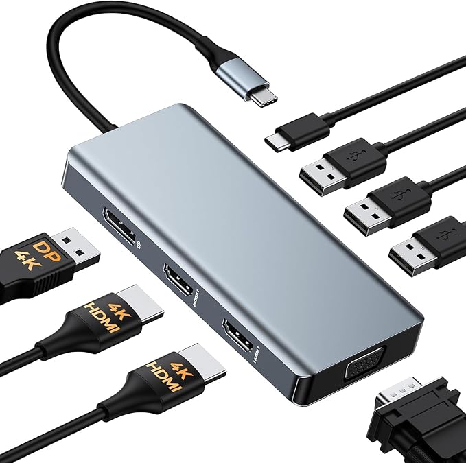 USB C Docking Station Dual Monitor Adapter, 8 in 1 Laptop Docking Station 3 Monitors Quadruple Display USB C Hub Dongle to 4K HDMI+DP+VGA