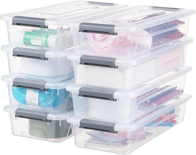 Plastic Storage Bin with Lid, Stackable Design, Clip Box for Crafts, Supplies and Office Items Container (8 Pack 4 Quart)