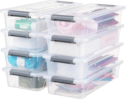 Plastic Storage Bin with Lid, Stackable Design, Clip Box for Crafts, Supplies and Office Items Container (8 Pack 4 Quart)