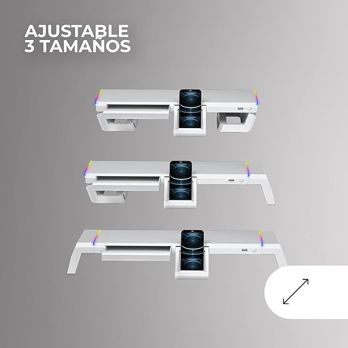 Mars Gaming MGS-ONE White, Chroma RGB Monitor Stand, Adjustable Size, Smartphone and Tablet Stand, Front USB 2.0