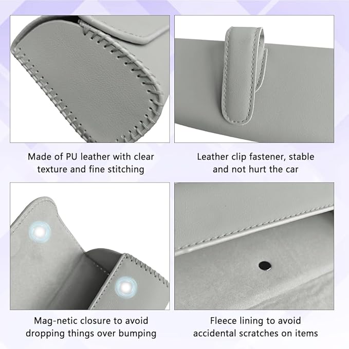 Sunglasses Holder for Car Sun Visor, Sunglass Organizer for Car, Magnetic Leather Eyeglasses Protective Storage Case, Waterproof Glasses Organizer Visor Accessories for Vehicles (Gray)