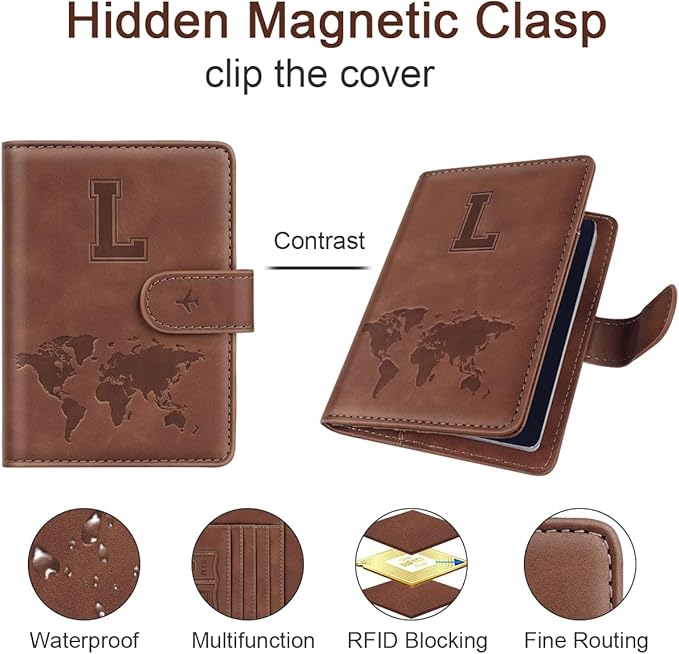 Passport Holder Wallet Cover Personalized Letter A-Z Travel Wallet RFID Blocking Passport Cover Wallet Case for Travel Passport Book Holders for Women and Men, Brown-L