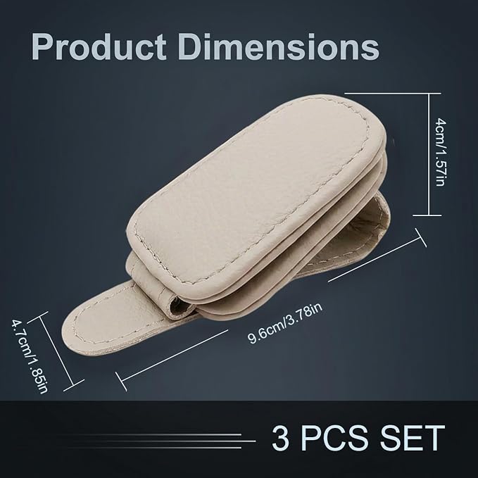 3 Pack Leather Magnetic Sunglass Holder for Car Visor, Premium Leather with Magnetic Clip, Universal for Different Size Glasses, Ideal for Jeep and Other Vehicles, Car Accessories (Grey)