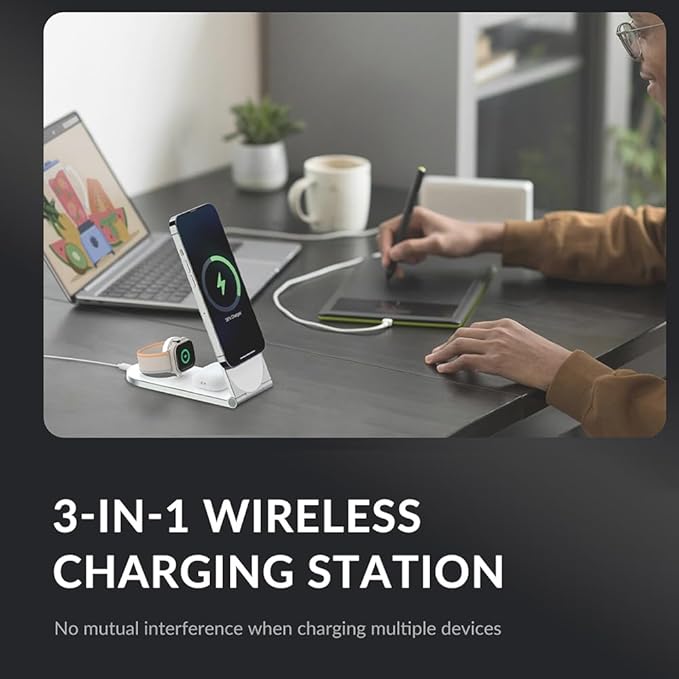 Wireless Charging Station, 3 in 1 Phone Charger Stand, Foldable MagSafe Charger for 17/16/15/14/13/12 Pros Plus, Watch Ultra, Airpods, Magnetic Travel Charging Station with 20w Adapter (White)