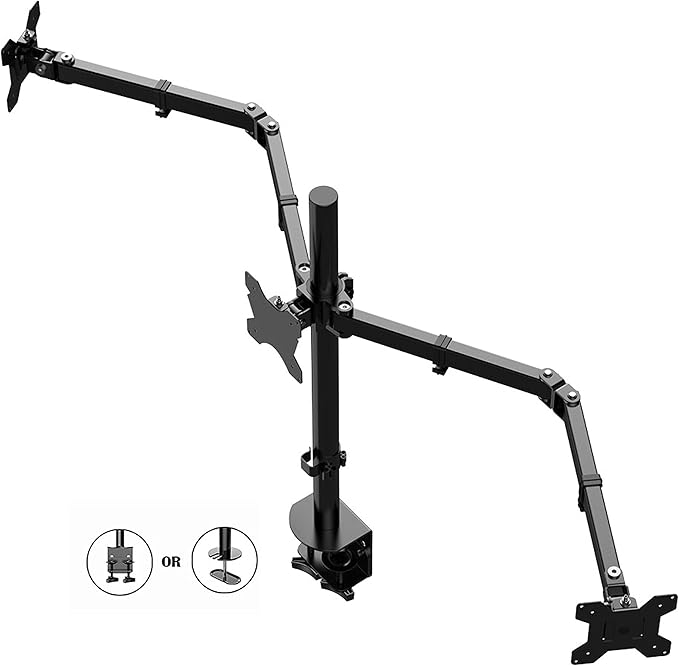 Rocelco Premium Triple Monitor Desk Mount - Standard Pattern Fits 13" - 27" LED LCD Flat Computer Screen - Three Articulated Full Motion Adjustable Arms - Grommet and C Clamp - Black (R DM3)