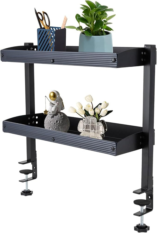 Clamp-on Desk Shelf, Desktop or Under-Desk 2-Tier Shelving Unit with Adjustable Metal Storage Tray, Clip-on Desk Shelf Office Organization (Black)