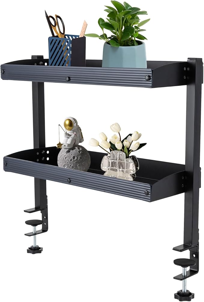 Clamp-on Desk Extension Shelf, 2 Tier Shelving Unit Above Desk, Carbon Steel 22lbs Strong Capacity Desk Organizer, Desktop Organizer Display Rack Storage Tray Desk Shelf, 17.32*15.47*6.in (black)