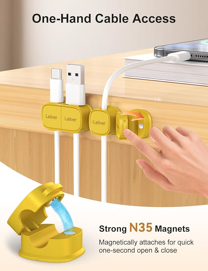 6 Pack Magnetic Cable Clips [1s Open/Lock], Laitver Cord Organizer Holder Strong Adhesive Desk Cable Management- Organize Charging Cords Neatly for Home, Office, Car,Desk, Nightstand-Yellow