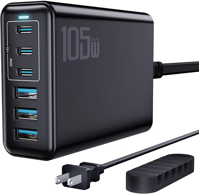 105W USB C Fast Charger, 6-Port Desktop GaN USB Charging Station Hub, USB C Charger Block Wall Charger for iPhone 17/16/15/14/13/12/11, iPad, Samsung and More (Cable Organizer Included)