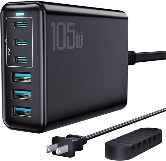 105W USB C Fast Charger, 6-Port Desktop GaN USB Charging Station Hub, USB C Charger Block Wall Charger for iPhone 17/16/15/14/13/12/11, iPad, Samsung and More (Cable Organizer Included)