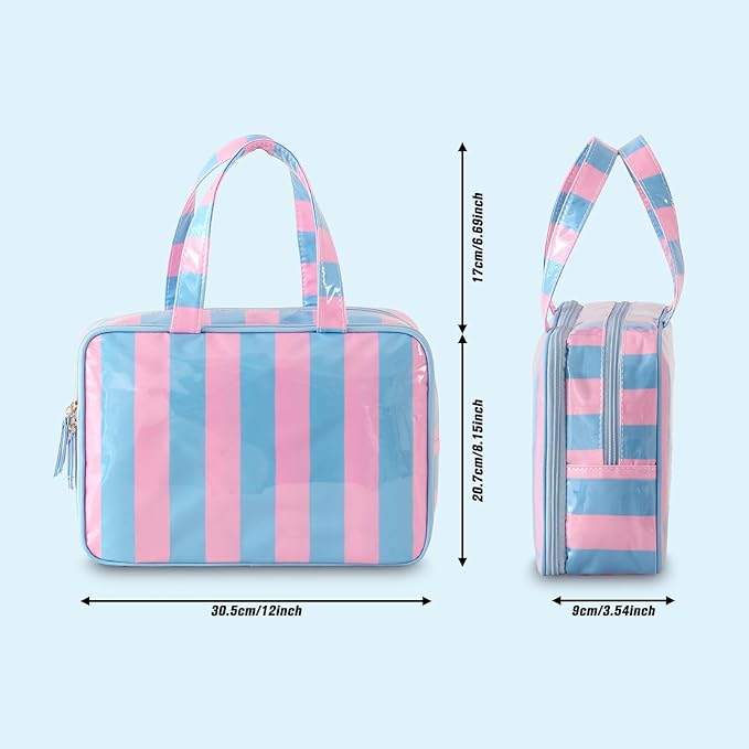 Travel Toiletry Bag for Women, Waterproof Clear Coated Portable Stripe Makeup Cosmetic Bag with Compartment, Travel Organizer for Shampoo, Conditioner, Brushes Set,Cosmetic Accessories(Pink-Blue)