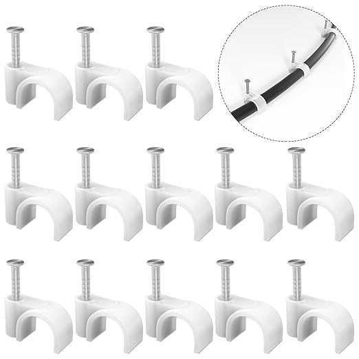CableGeeker Cable Clips 100 Pieces Cat8 Cat7 Cat6 Ethernet Cable Clips with Nails 7mm Cord Holder for Circle Ethernet Cable (White)