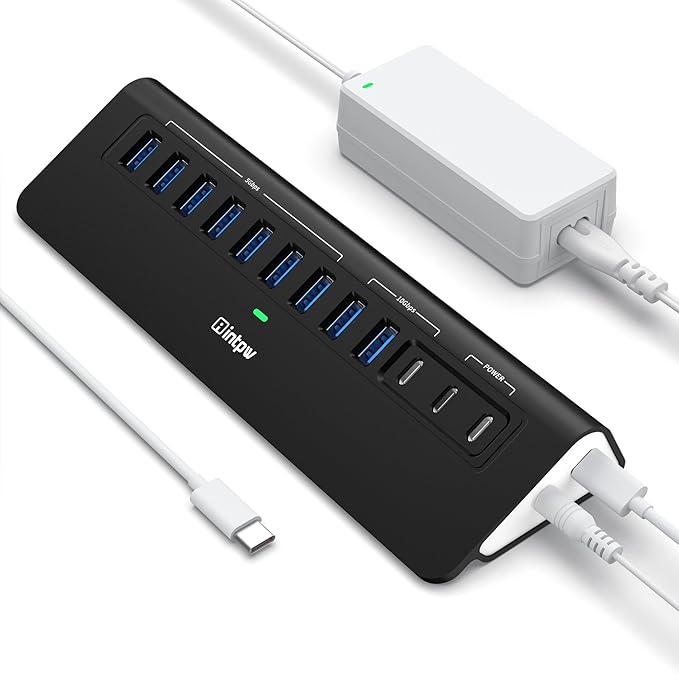 Powered USB Hub 10Gbps, intpw YH9AC 12-Port USB C Hub with 10Gbps USB C 3.2, 2 USB A 3.2, 7 USB 3.0, 2 PD 45W Charging Port, 65W Power Adapter + 3.3FT Cable, Aluminum USB Hub for Laptop/iPhone16/15/PC
