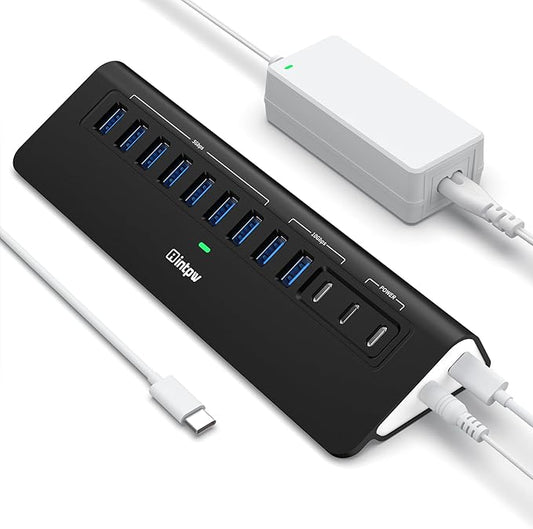 Powered USB Hub 10Gbps, intpw YH9AC 12-Port USB C Hub with 10Gbps USB C 3.2, 2 USB A 3.2, 7 USB 3.0, 2 PD 45W Charging Port, 65W Power Adapter + 3.3FT Cable, Aluminum USB Hub for Laptop/iPhone16/15/PC