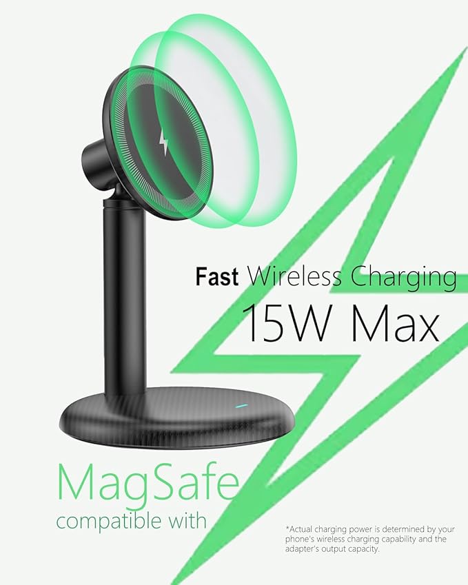 Mag-Safe Charger Stand for iPhone 17/Air/16/15/14/13/12,15W Fast Charging,Wireless Charging Pad Compatible with MagSafe Suitable for Desk or Nightstand (No Adapter/Angle Fixed)