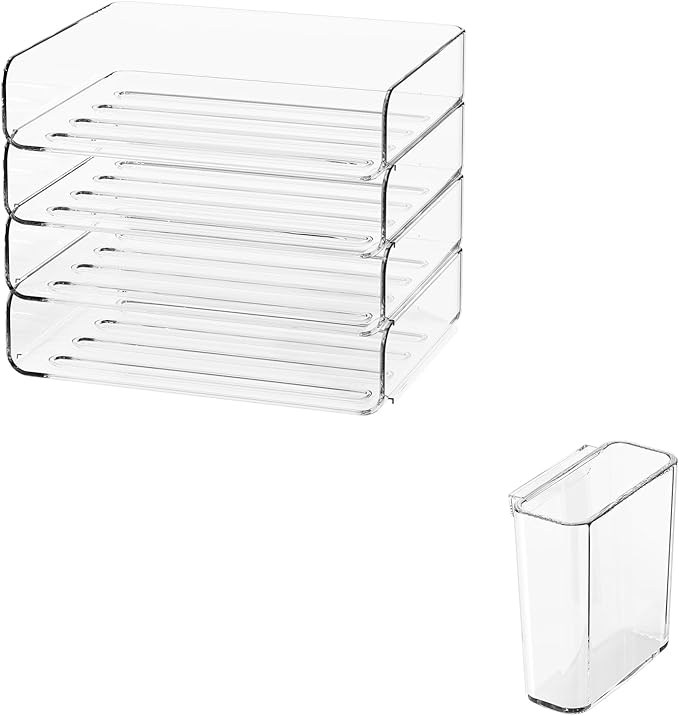 FANXIYQ 4-Tier Horizontal Acrylic Paper Tray Organizer with Pen Holder | Clear Stackable Desk Organizer for Documents, Letters, A4 Paper | Modern Office/Classroom/Home Organization
