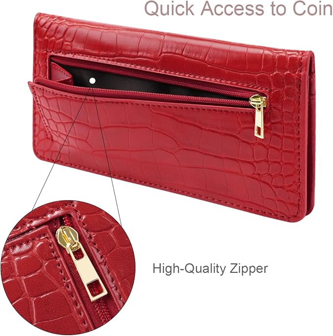 Wallet Women Crocodile Wallets Luxury Alligator Purse Minimalist Thin Long RFID Blocking Credit Cards Holder with Back Zipper Coin Pocket for Women and Men, Burgundy